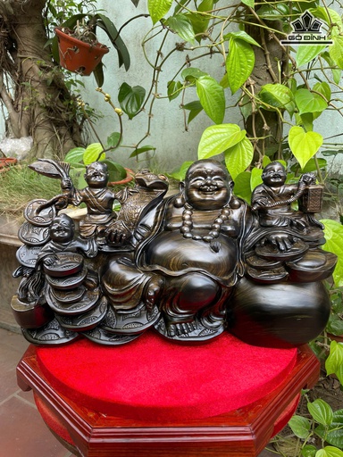 Tượng Phật Di Lặc Tam Phúc Gỗ Mun Hoa Cao 23 Ngang 42 Sâu 16 (cm)