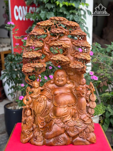 Tượng Phật Di Lặc Ngồi Gốc Cây Tùng Gỗ Hương Cao 68 Ngang 46 Sâu 25 (cm)