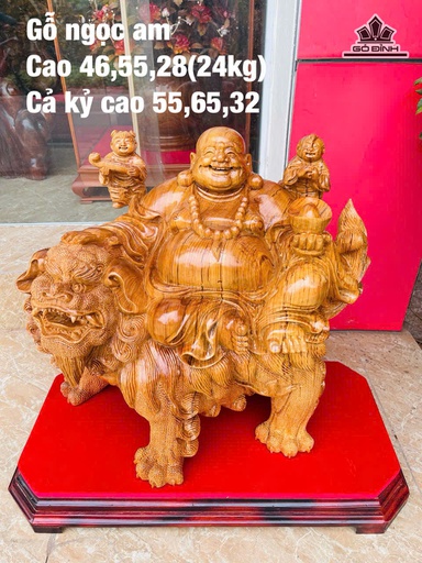 Tượng Phật Di Lặc Ngự Nghê Gỗ Ngọc Am Cao 46 Ngang 55 Sâu 28 (cm) - 24kg Cả Kỷ Cao 55 Ngang 65 Sâu 32 (cm)