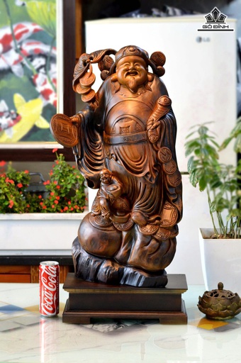 Tượng Thần Tài Gỗ Lũa Bách Xanh Cao Cả Kỷ 75 Ngang 33 Sâu 16 (cm) - Kỷ Cao 10 (cm)