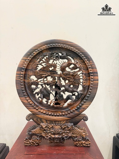 Đĩa Tứ Linh Gỗ Mun Hoa Đường Kính 40 Dày 3,5 Cao 47 (cm)