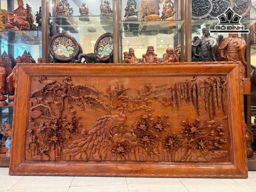 Tranh Phù Dung Chim Công Gỗ Hương Dài 225 Cao 115 Dày 8 (cm)
