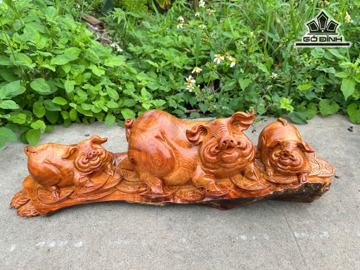 Tượng Gia Đình Heo Gỗ Hương Cao 20 Ngang 65 Sâu 16 (cm) - 6kg