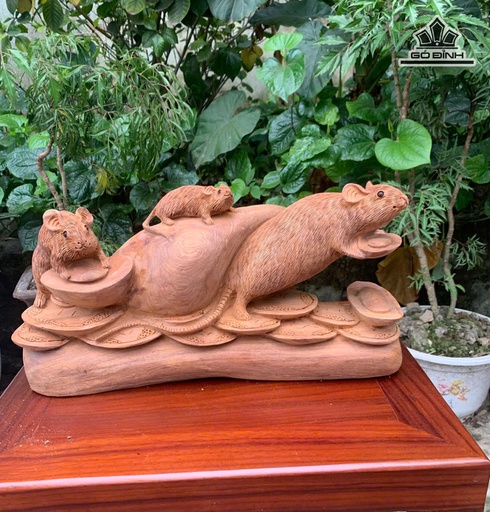 Tượng Gia Đình Chuột Gỗ Hương Cao 20 Ngang 50 Sâu 12 (cm)