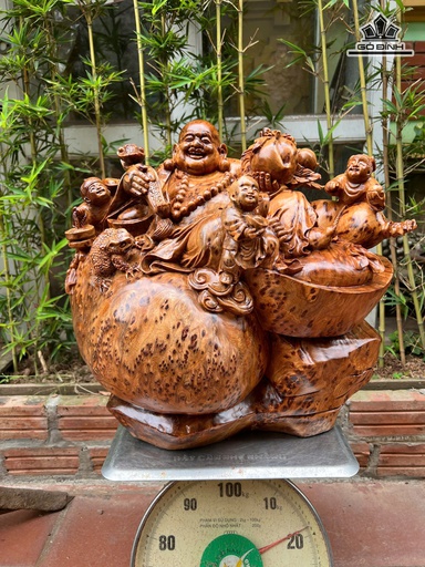 Tượng Phật Di Lặc Tam Phúc Gỗ Nu Ngọc Am Cao 42 Ngang 48 Sâu 30 (cm) - 18kg