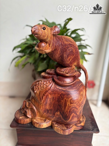 Tượng Chuột Phong Thủy Gỗ Cẩm Cao 32 Ngang 26 Sâu 14 (cm)