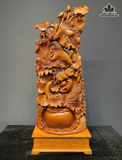 Tượng Tam Ngư Hóa Rồng Gỗ Ngọc Am Cao Cả Kỷ 126 Ngang 48 Sâu 22 (cm) - Kỷ Cao 15 (cm)