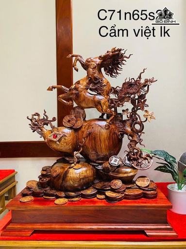 Tượng Song Mã Uyên Ương Gỗ Cẩm Cao 71 Ngang 65 Sâu 28 (cm)