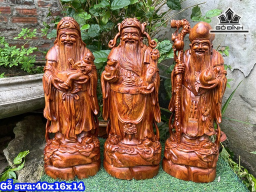 Tượng Phúc Lộc Thọ (Tam Đa) Gỗ Sưa Cao 40 Ngang 16 Sâu 14 (cm)