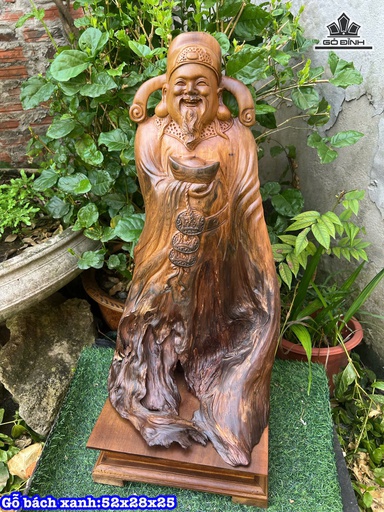 Tượng Thần Tài Gỗ Bách Xanh Cao 52 Ngang 28 Sâu 25 (cm)