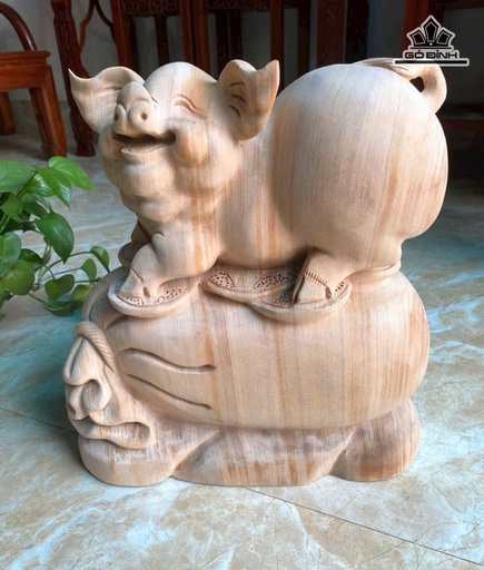 Tượng Heo Gỗ Ngọc Am Cao 35 Ngang 34 Sâu 19 (cm) - 9kg