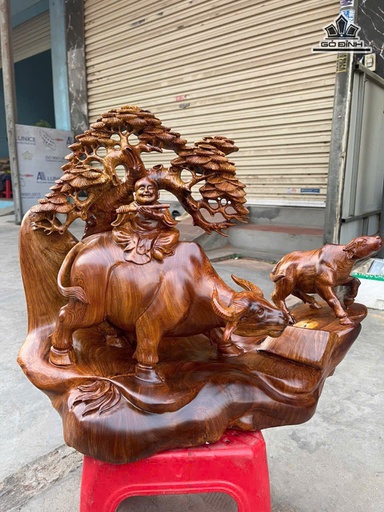 Tượng Tiểu Đồng Chăn Trâu Gỗ Hương Cao 45 Ngang 55 Sâu 27 (cm)