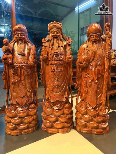Tượng Phúc Lộc Thọ (Tam Đa) Gỗ Hương Gia Lai Cao 90 Ngang 28 Sâu 26 (cm)