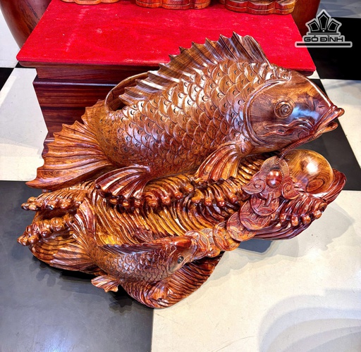 Tượng Song Ngư Mẫu Tử Gỗ Hương Cao 45 Ngang 77 Sâu 30 (cm)
