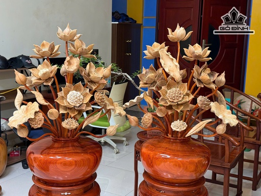 Cặp Hoa Gỗ Ngọc Am 25 Cành Cao 80 Xòe 60 - Bình Gỗ Hương Đỏ - Có Bán Lẻ Bình