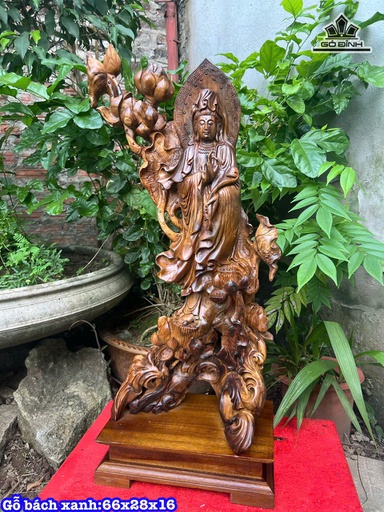 Tượng Quan Thế Âm Bồ Tát Gỗ Bách Xanh Cao 66 Ngang 28 Sâu 16 (cm)