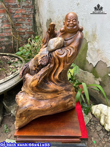 Tượng Phật Di Lặc Ôm Đá Gỗ Bách Xanh Cao 66 Ngang 41 Sâu 33 (cm)